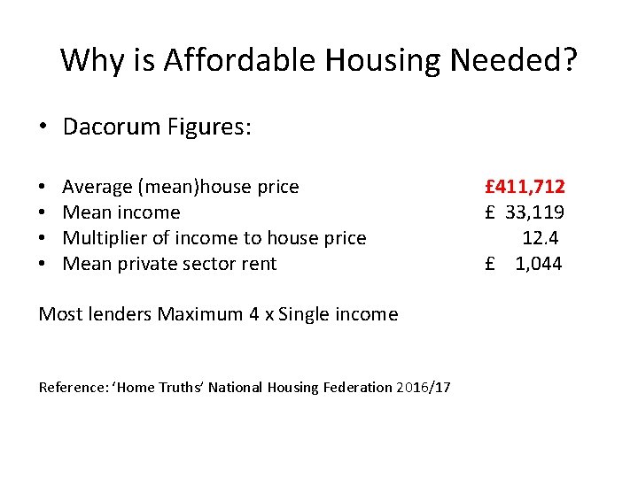 Why is Affordable Housing Needed? • Dacorum Figures: • • Average (mean)house price Mean