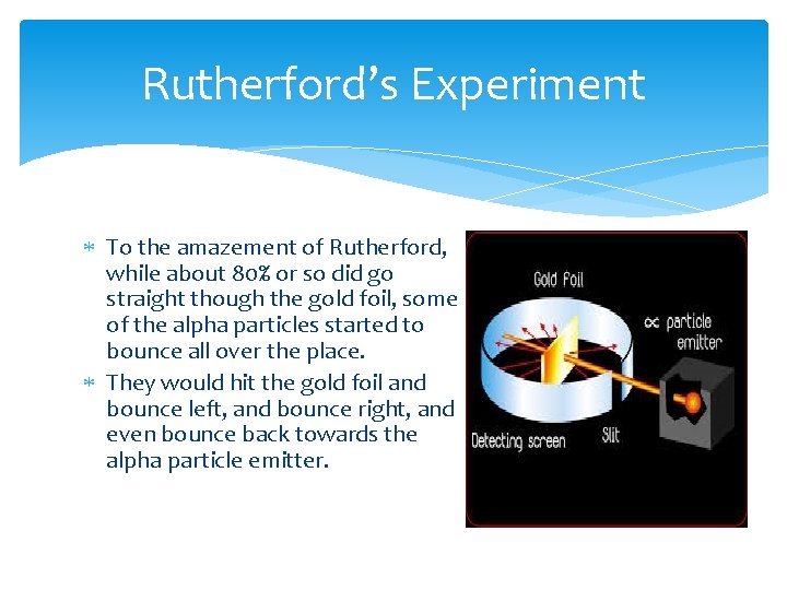 Rutherford’s Experiment To the amazement of Rutherford, while about 80% or so did go