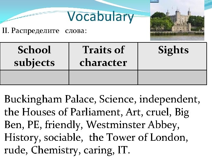 Vocabulary II. Распределите слова: School subjects Traits of character Sights Buckingham Palace, Science, independent,