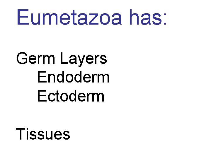 Eumetazoa has: Germ Layers Endoderm Ectoderm Tissues 