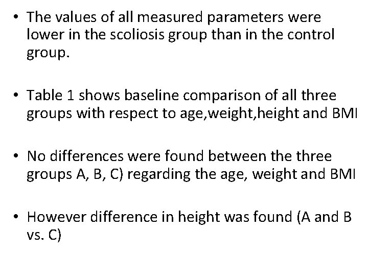  • The values of all measured parameters were lower in the scoliosis group