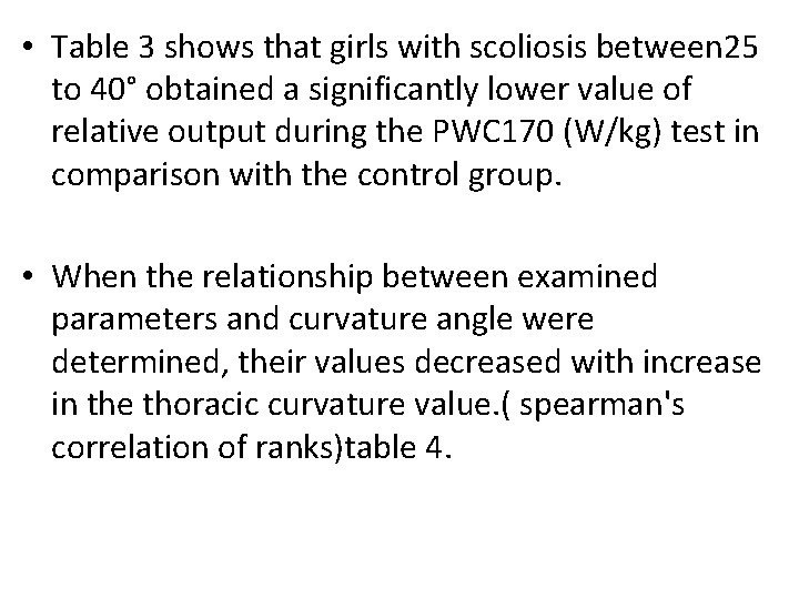  • Table 3 shows that girls with scoliosis between 25 to 40° obtained