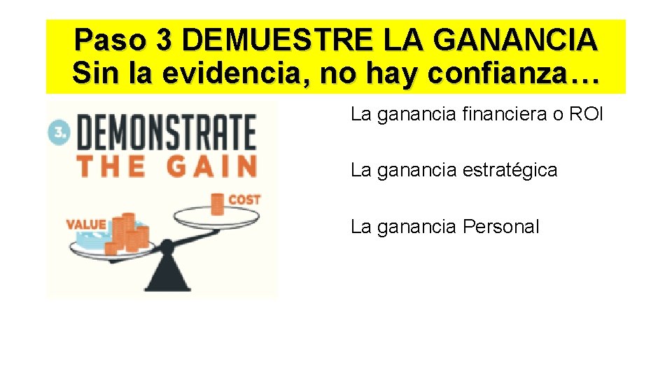 Paso 3 DEMUESTRE LA GANANCIA Sin la evidencia, no hay confianza… La ganancia financiera