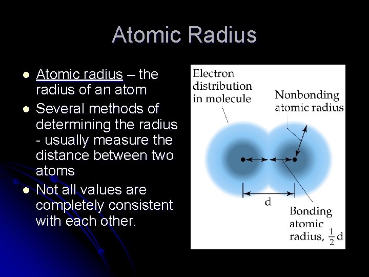 Atomic Radius l l l Atomic radius – the radius of an atom Several