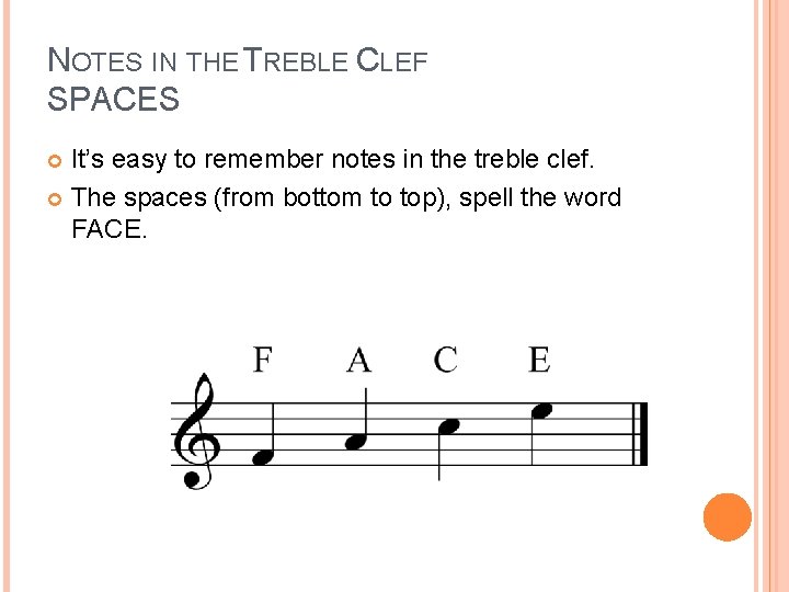 NOTES IN THE TREBLE CLEF SPACES It’s easy to remember notes in the treble