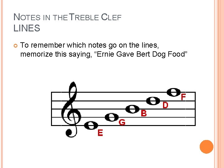 NOTES IN THE TREBLE CLEF LINES To remember which notes go on the lines,