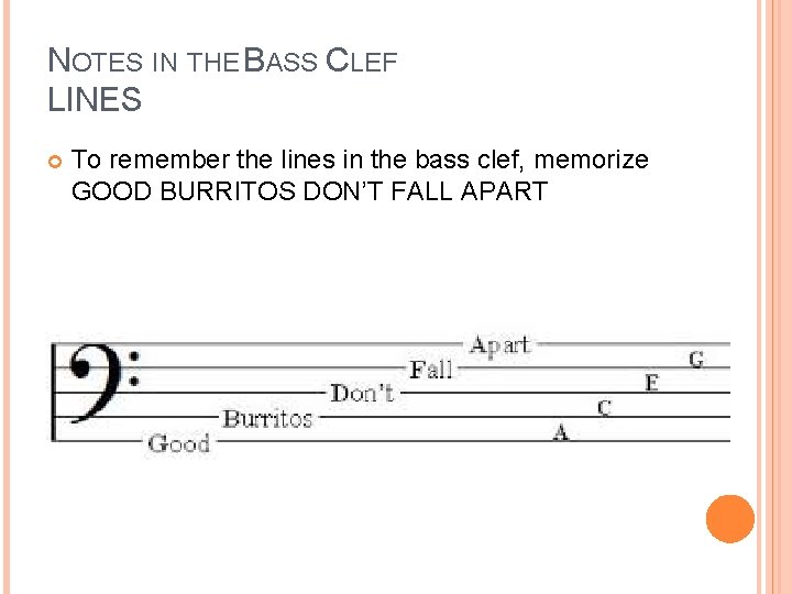 NOTES IN THE BASS CLEF LINES To remember the lines in the bass clef,
