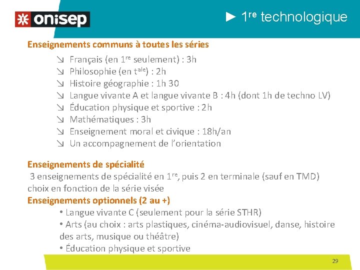 ► 1 re technologique Enseignements communs à toutes les séries ↘ ↘ ↘ ↘