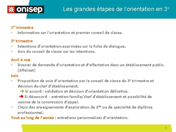 Les grandes étapes de l’orientation en 3 e 1 er trimestre • Information sur