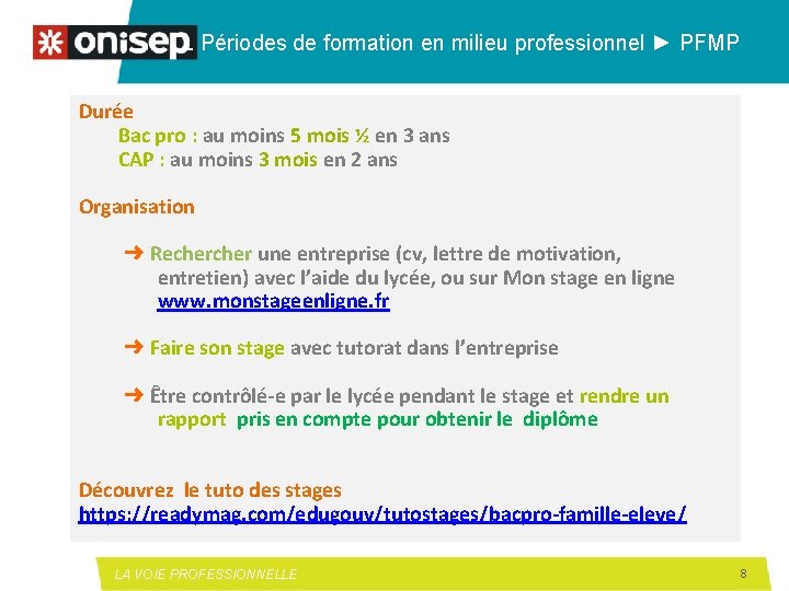 L Périodes de formation en milieu professionnel ► PFMP Durée Bac pro : au