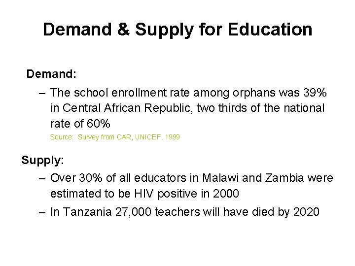 Demand & Supply for Education Demand: – The school enrollment rate among orphans was