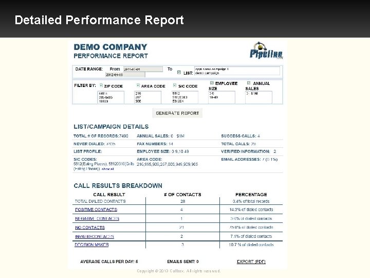 Detailed Performance Report Copyright © 2013 Callbox. All rights reserved. 