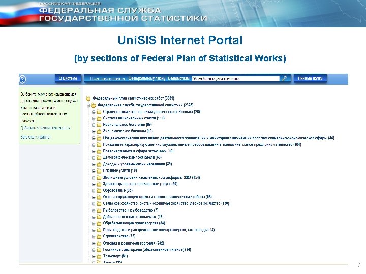 Uni. SIS Internet Portal (by sections of Federal Plan of Statistical Works) 7 