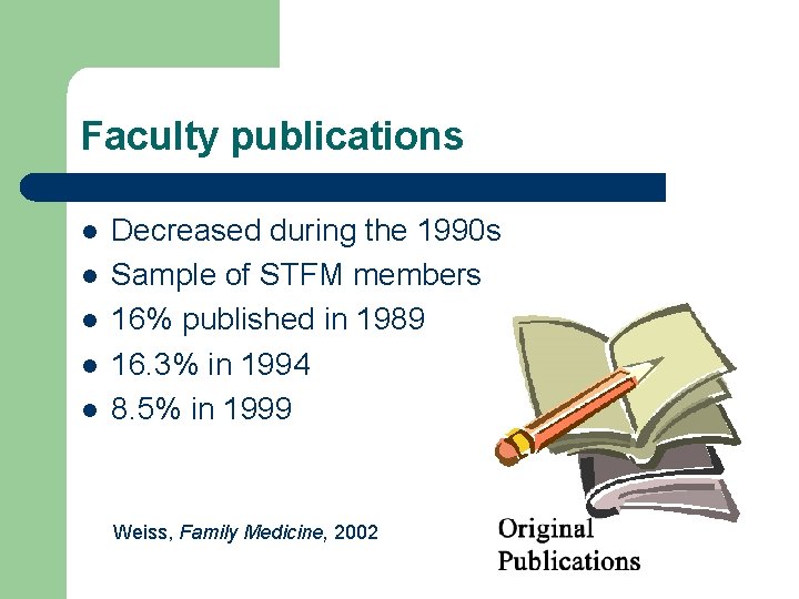 Faculty publications l l l Decreased during the 1990 s Sample of STFM members