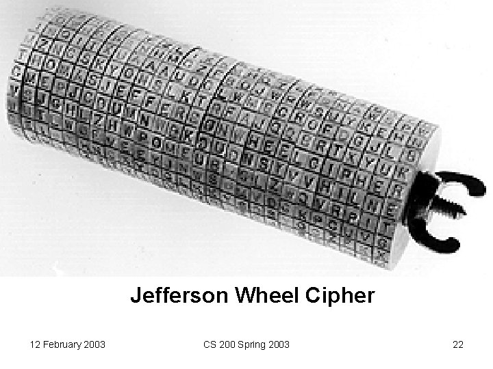 Jefferson Wheel Cipher 12 February 2003 CS 200 Spring 2003 22 