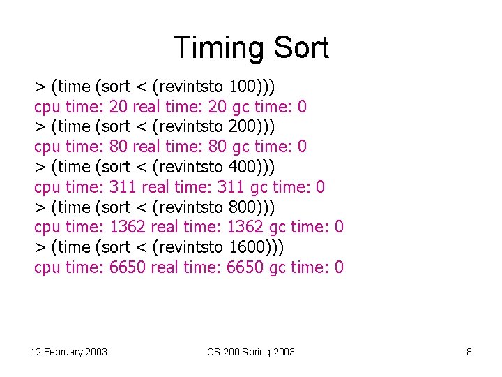 Timing Sort > (time (sort < (revintsto 100))) cpu time: 20 real time: 20
