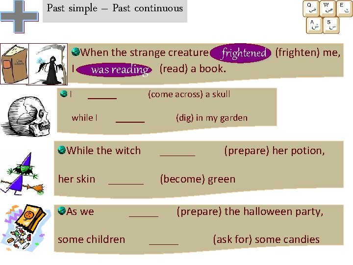 Past simple – Past continuous When the strange creature ____ frightened (frighten) me, I
