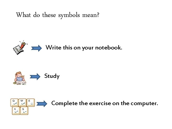 What do these symbols mean? Write this on your notebook. Study Complete the exercise