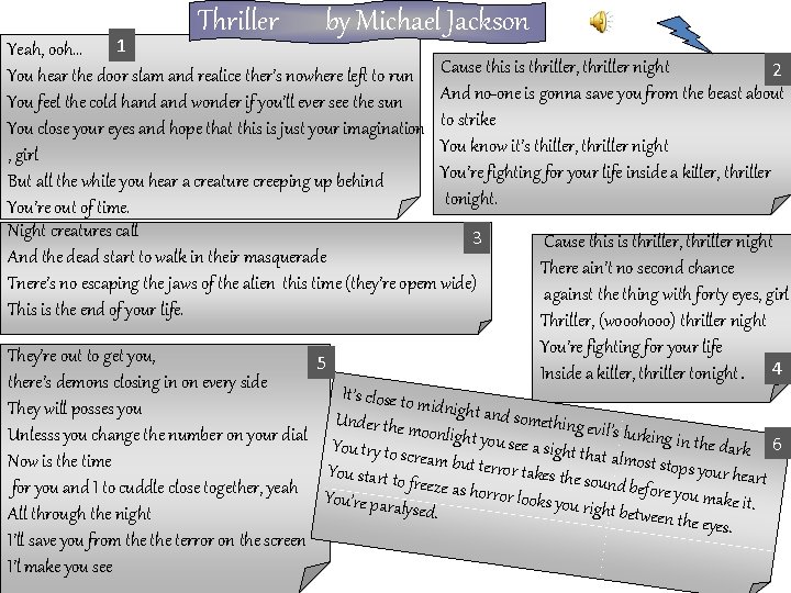 Thriller by Michael Jackson 1 Yeah, ooh… 2 You hear the door slam and