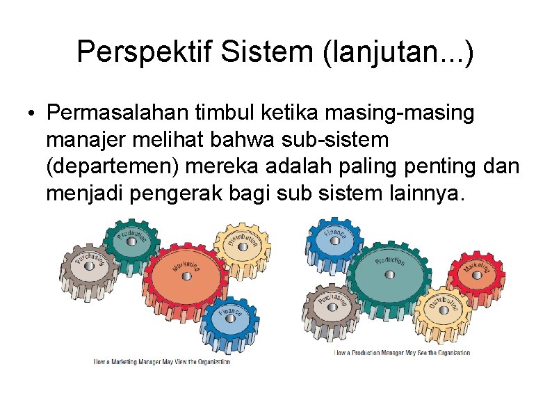 Perspektif Sistem (lanjutan. . . ) • Permasalahan timbul ketika masing-masing manajer melihat bahwa