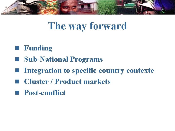 The way forward n Funding n Sub-National Programs n Integration to specific country contexte