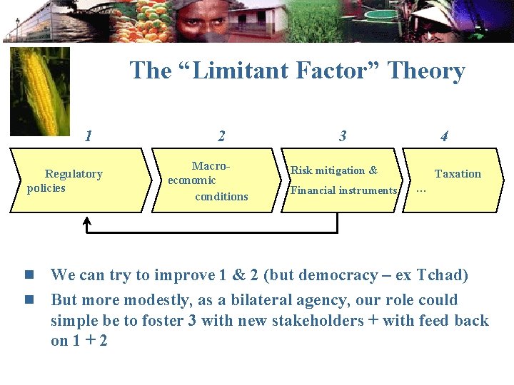 The “Limitant Factor” Theory 1 Regulatory policies 2 Macroeconomic conditions 3 Risk mitigation &