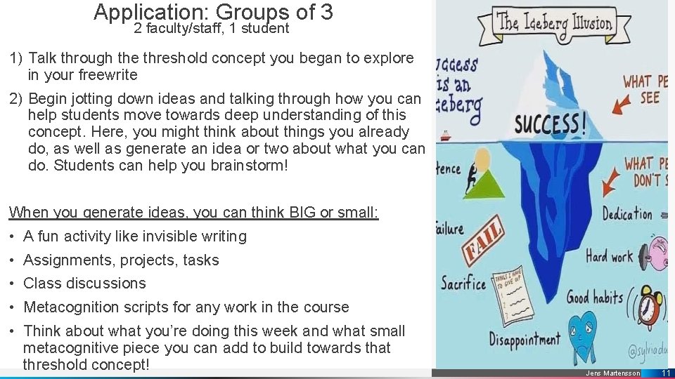 Application: Groups of 3 2 faculty/staff, 1 student 1) Talk through the threshold concept