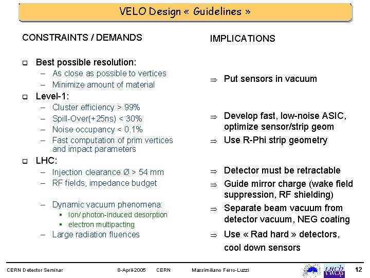 VELO Design « Guidelines » CONSTRAINTS / DEMANDS q IMPLICATIONS Best possible resolution: –