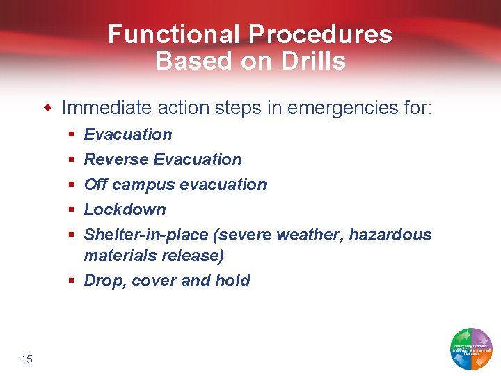 Functional Procedures Based on Drills w Immediate action steps in emergencies for: § §
