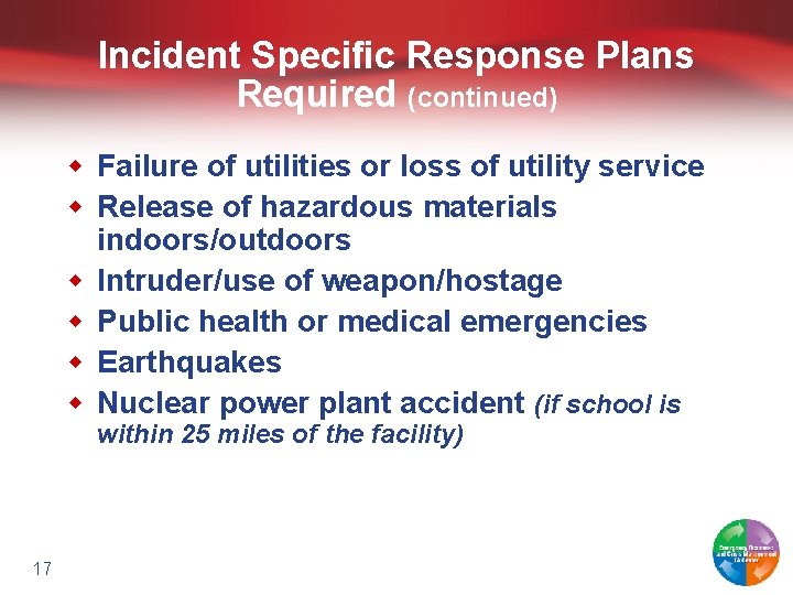 Incident Specific Response Plans Required (continued) w Failure of utilities or loss of utility