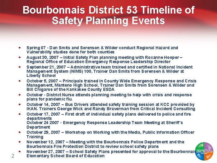 Bourbonnais District 53 Timeline of Safety Planning Events w w w w w 2