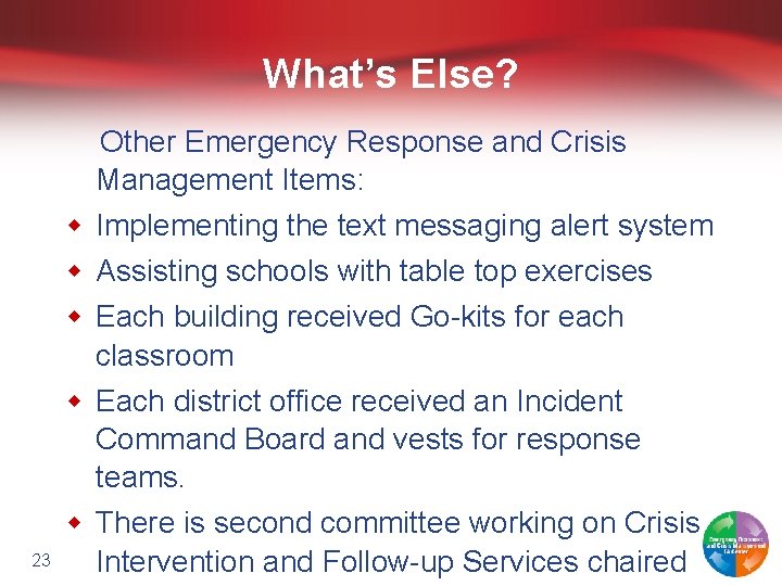 What’s Else? Other Emergency Response and Crisis Management Items: 23 w Implementing the text