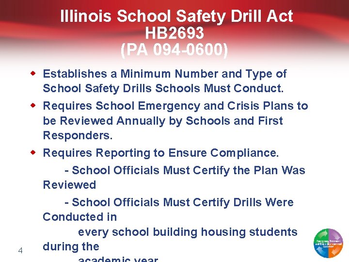  Illinois School Safety Drill Act HB 2693 (PA 094 -0600) 4 w Establishes