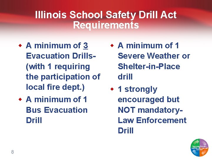 Illinois School Safety Drill Act Requirements w A minimum of 3 w A minimum