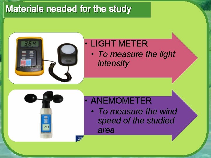 Materials needed for the study • LIGHT METER • To measure the light intensity