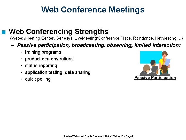 Web Conference Meetings n Web Conferencing Strengths (Webex/Meeting Center, Genesys, Live. Meeting/Conference Place, Raindance,