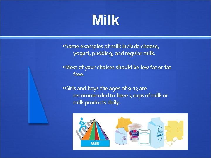 Milk • Some examples of milk include cheese, yogurt, pudding, and regular milk. •