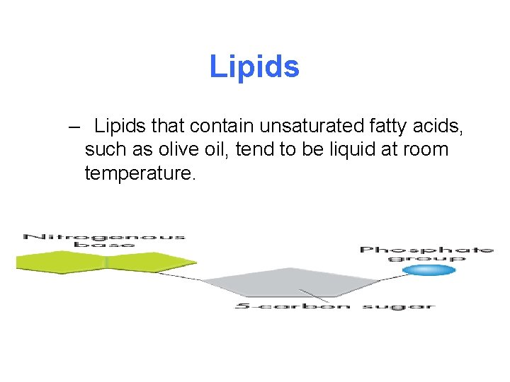 Lipids – Lipids that contain unsaturated fatty acids, such as olive oil, tend to