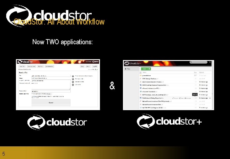 Cloud. Stor: All About Workflow Now TWO applications: & 5 