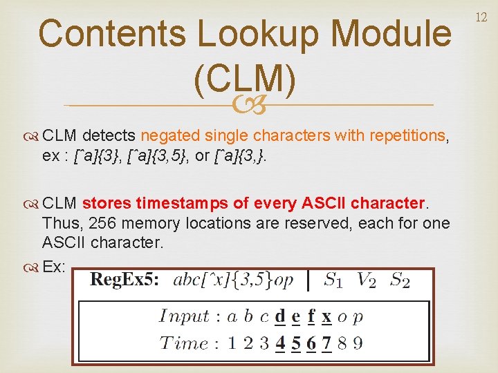 Contents Lookup Module (CLM) CLM detects negated single characters with repetitions, ex : [ˆa]{3},