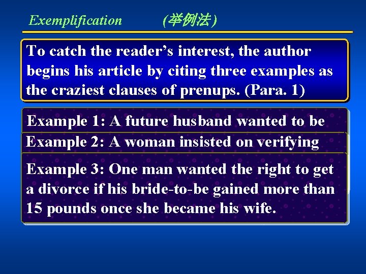Exemplification (举例法 ) To catch the reader’s interest, the author begins his article by