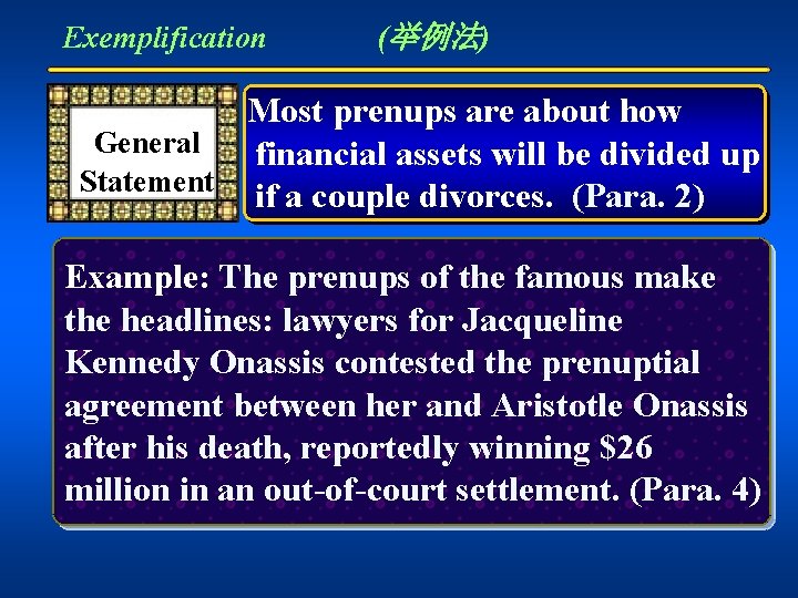 Exemplification (举例法) Most prenups are about how General financial assets will be divided up