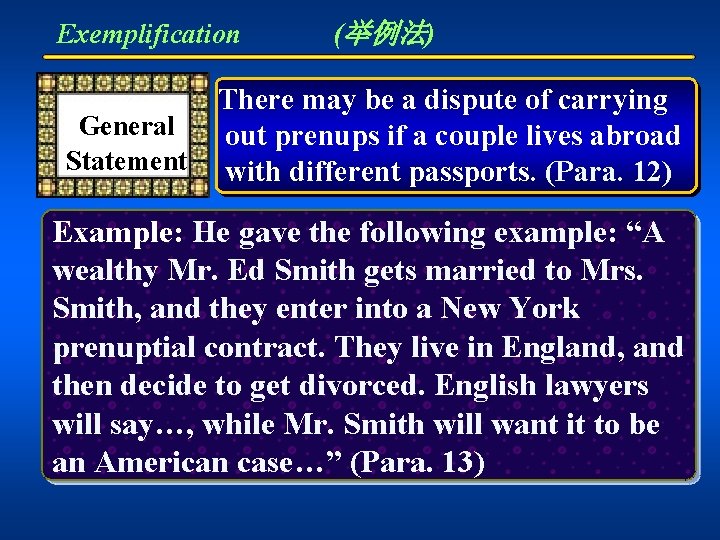 Exemplification General Statement (举例法) There may be a dispute of carrying out prenups if