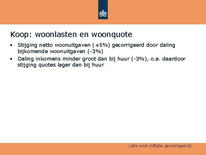 Koop: woonlasten en woonquote Stijging netto woonuitgaven (+5%) gecorrigeerd door daling bijkomende woonuitgaven (-3%)