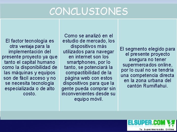 CONCLUSIONES Como se analizó en el El factor tecnología es estudio de mercado, los