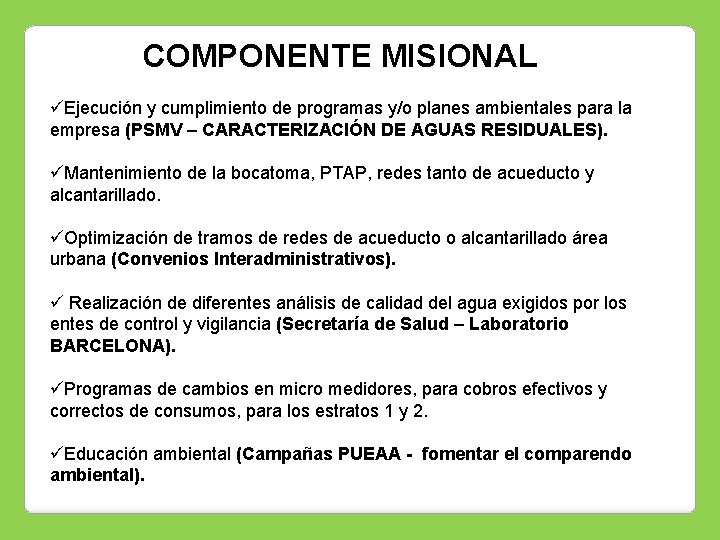 COMPONENTE MISIONAL üEjecución y cumplimiento de programas y/o planes ambientales para la empresa (PSMV