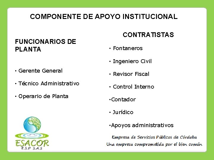 COMPONENTE DE APOYO INSTITUCIONAL FUNCIONARIOS DE PLANTA CONTRATISTAS • Fontaneros • Ingeniero Civil •