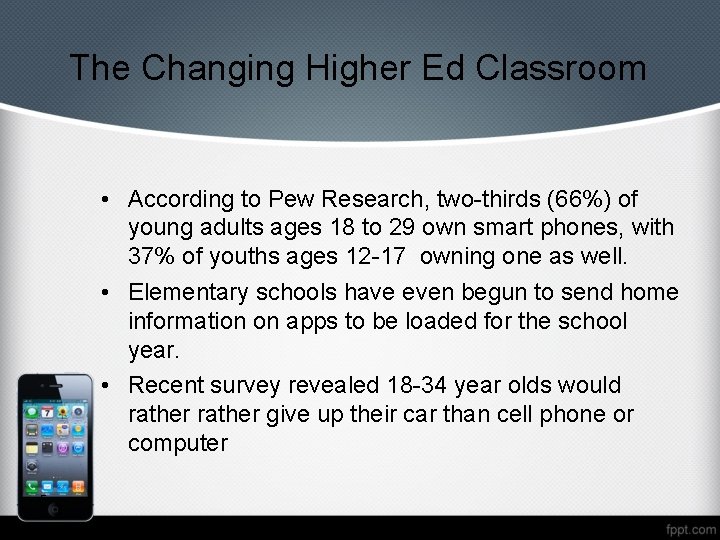 The Changing Higher Ed Classroom • According to Pew Research, two-thirds (66%) of young
