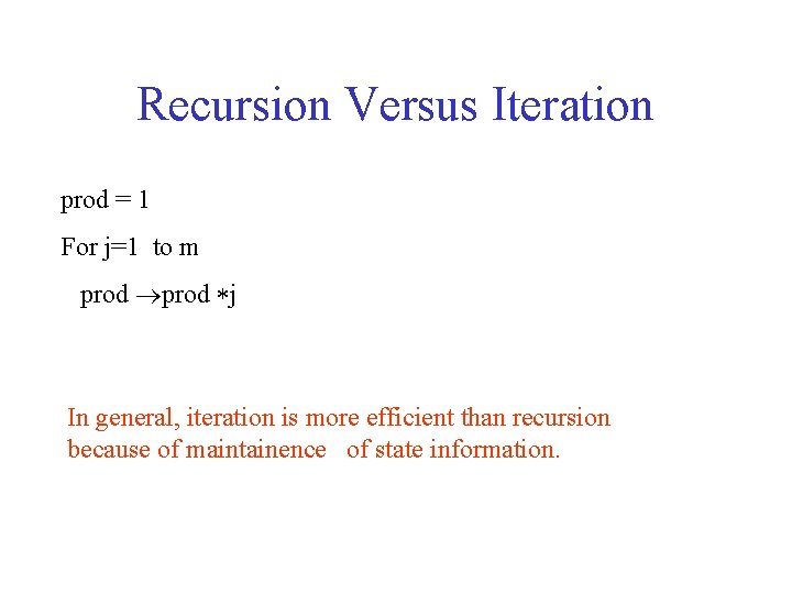 Recursion Versus Iteration prod = 1 For j=1 to m prod j In general,