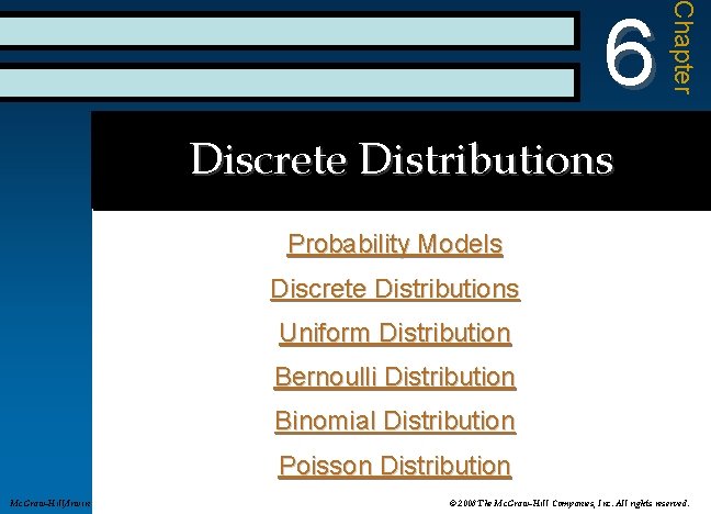 Chapter 6 Discrete Distributions Probability Models Discrete Distributions Uniform Distribution Bernoulli Distribution Binomial Distribution